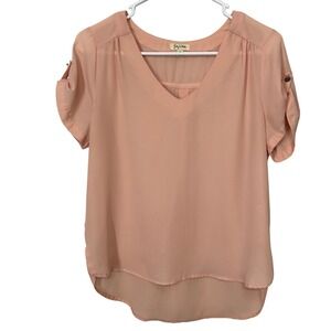 Lily White‎ Peachy Pink Short Tabbed Sleeves Chiffon Blouse Women's Size M